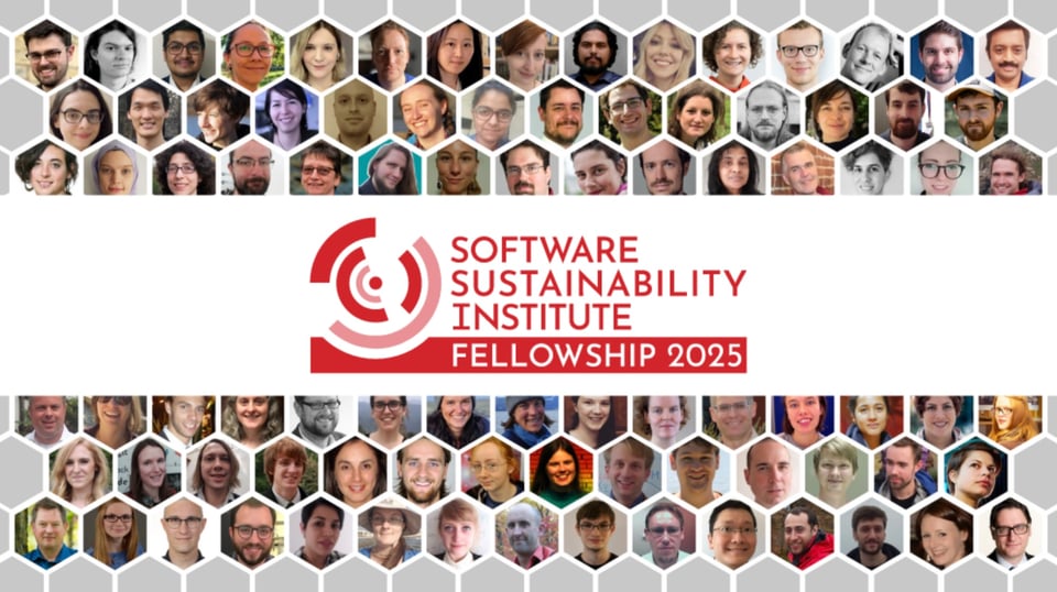 Alt: The Software Sustainability Institute Fellowship program, featuring a mosaic of images with faces of previous fellows.