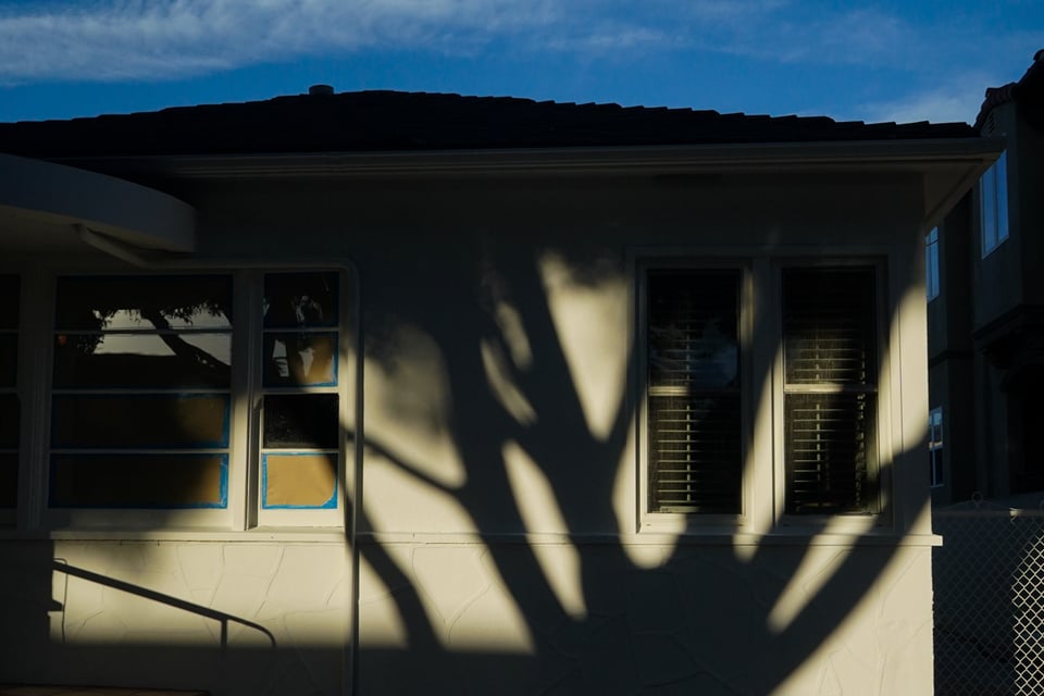 a tree casts a shadow on a small house