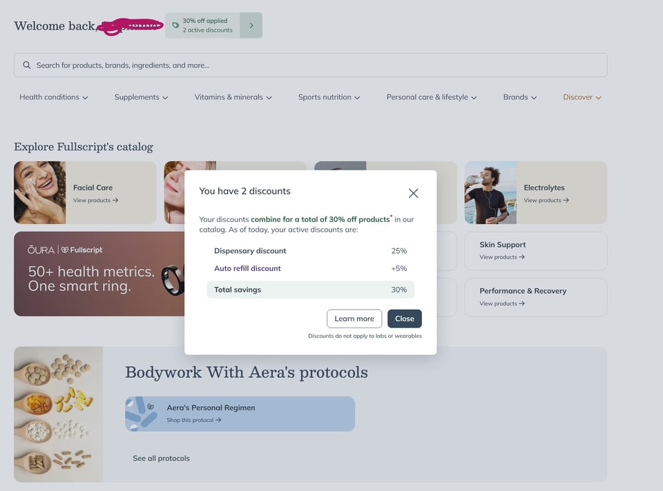 A screen shot of my personal full script homepage showing the discount for everyone and a button showing a link to my personal regimen.