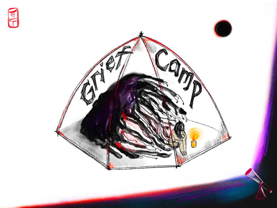grief camp - a tent with a black monster hovering against a woman crouched sitting