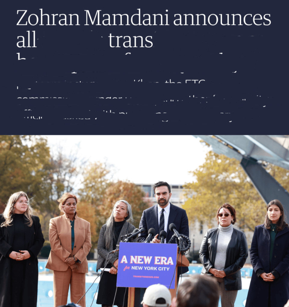 blackout poetry of a headline that now reads 'Zohran Mamdani announces all trans'