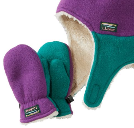 LL Bean fleecy child's mittens that are purple on one side and teal on the other, beside a matching hat with earflaps