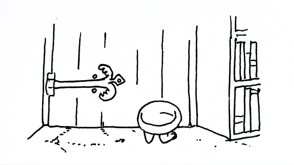 A black and white line drawing of a footed bowl standing in front of a wooden door