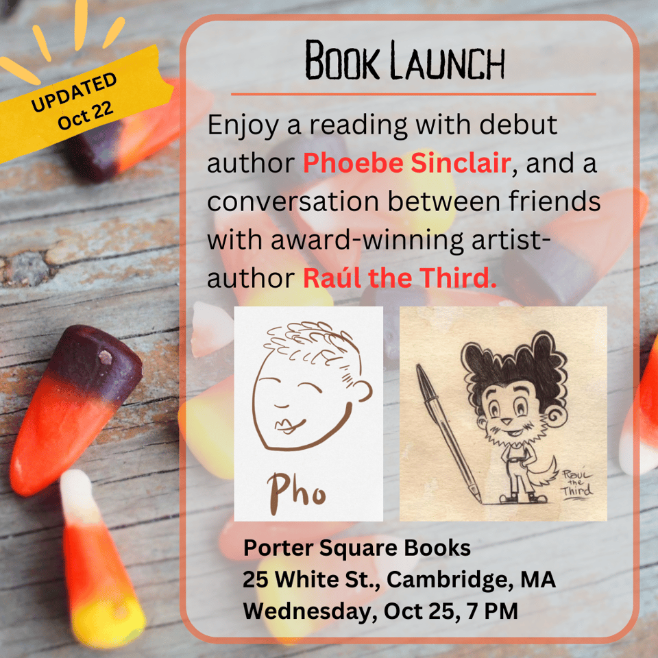 candy corn kernels on a wooden background and info about book launch with phoebe sinclair and raul the third