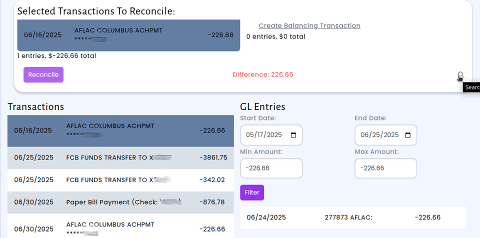 Sample bank rec screen showing multiple bank transactions and searching for a single gl transaction