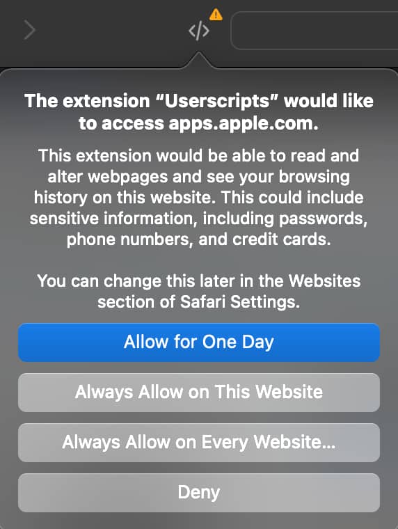 Screenshot showing a userscript permission prompt for allowing a script on a specific website.