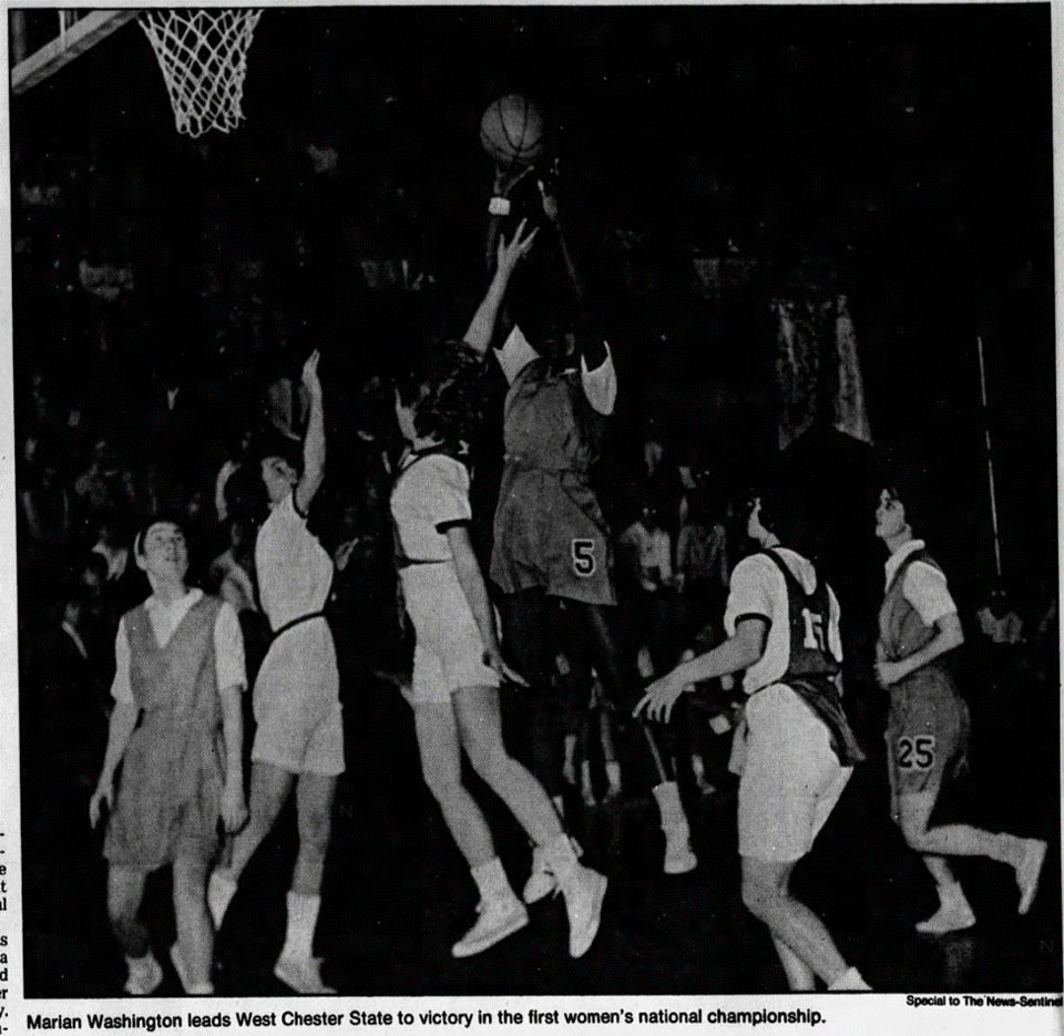 Newspaper clipping with photo of Marian Washington shooting over several defenders with caption "Marian Washington leads West Chester State to victory in the first women's national championship."