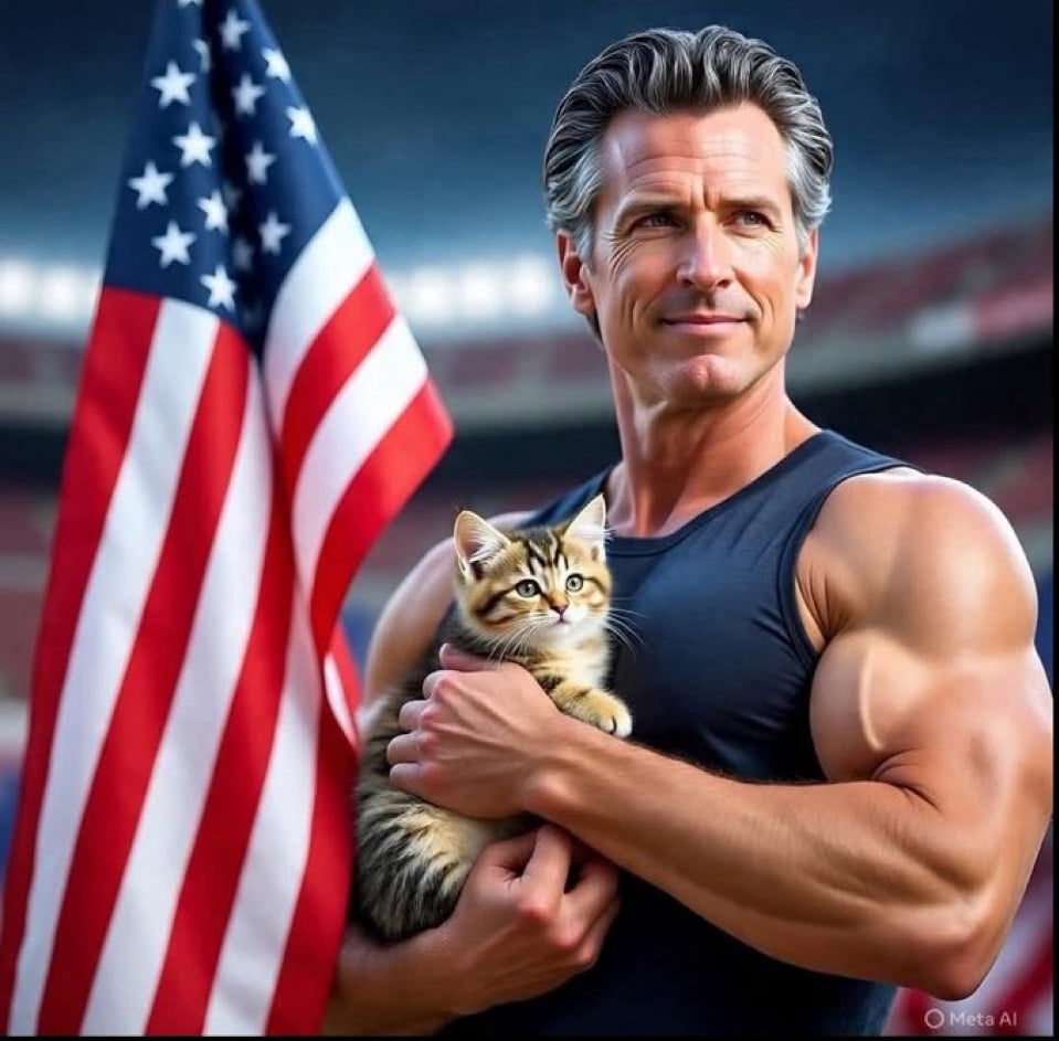 AI image of muscled Newsom posing in front of multiple American flags. He holds a kitten.