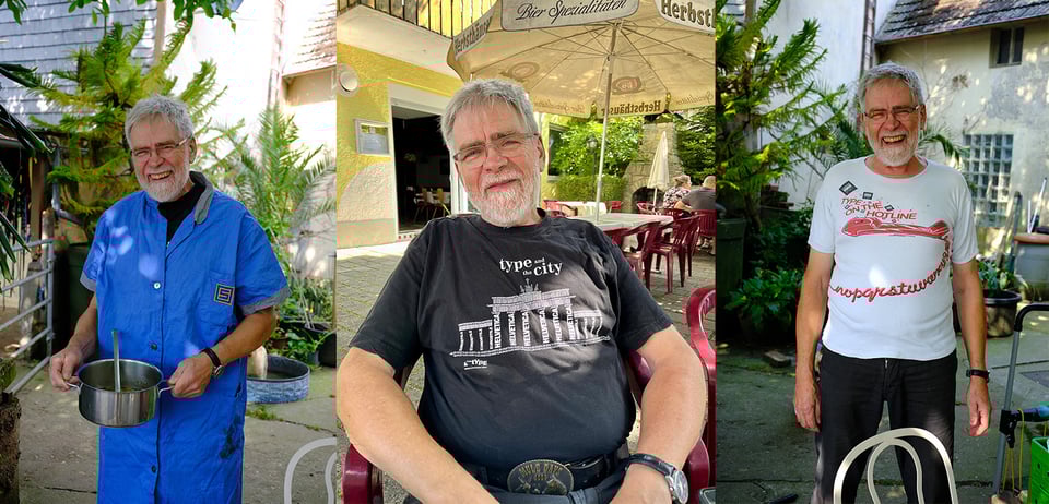 Otmar’s sartorial choices cannot be beat. From L to R: Wearing a D. Stempel AG women’s work smock, a “Type in the City” Linotype shirt, and a “Type on the Hotline” phone ordering service t-shirt