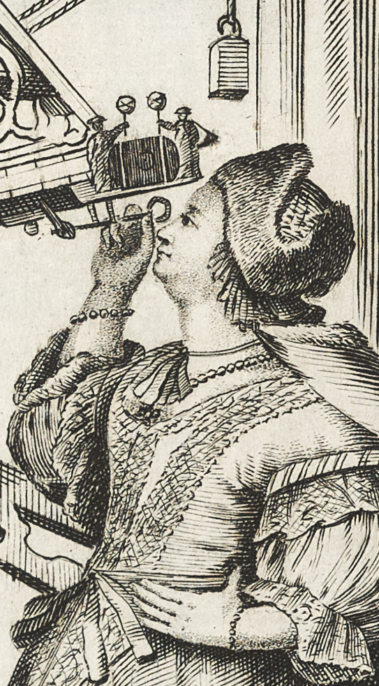 Grabado de 1673 que muestra a Elisabeth Hevelius mirando por un telescopio.
