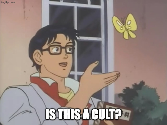 A young man in glasses gestures towards a butterfly while holding a book, asking, "Is this a cult?"