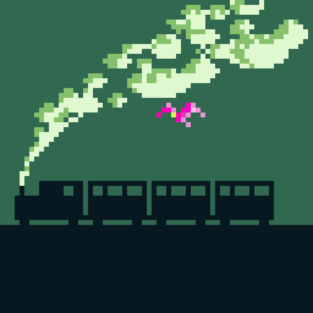 a pixel art image of a train puffing a trail of smoke in gameboy green and a garish pink bird flying above it