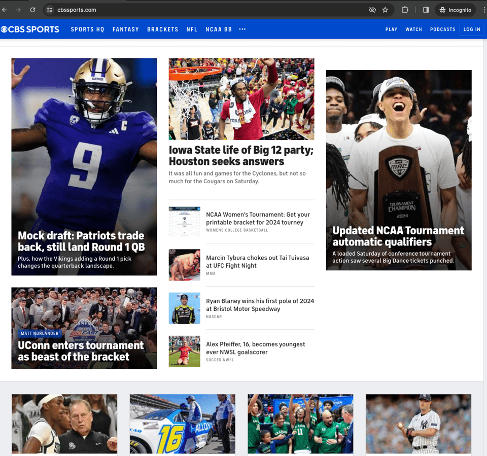 CBS Sports home page without ads