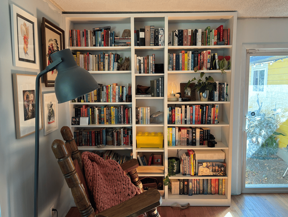 Photo of a big bank of bookshelves.