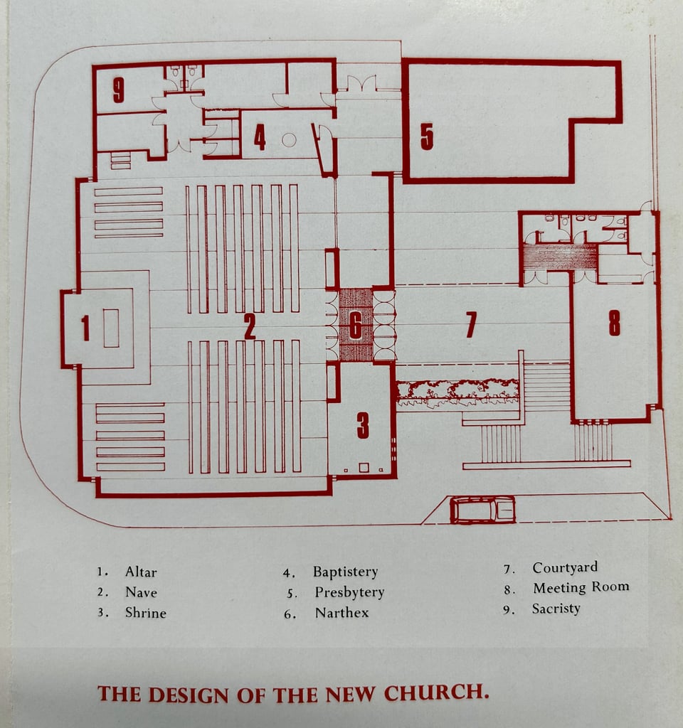 A plan of the main buildings, indicating the large church with long pews, the meeting room, the presbytery and the inner courtyard.