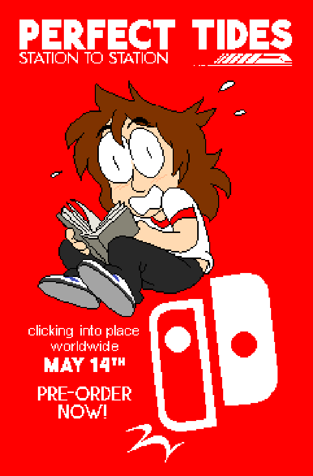 A drawing of Mara startled while reading a book because the Switch logo has shifted under her. Test: Perfect Tides: Station to Station, clicking into place worldwide May 14th. Pre-order now!