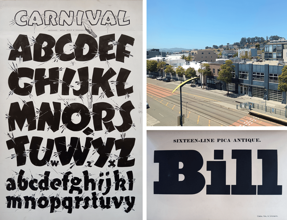 Left: Ross F. George's original lettering piece. Right, a view out of the window and a Caslon type specimen.