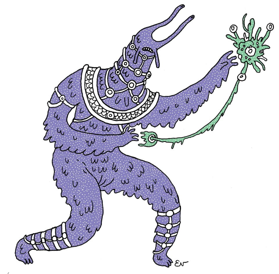 A purple ooze humanoid sorcerer wearing jewels and casting a green spell.
