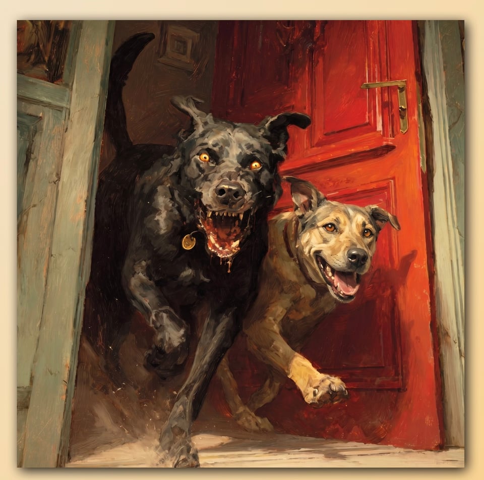 two dogs in a doorway