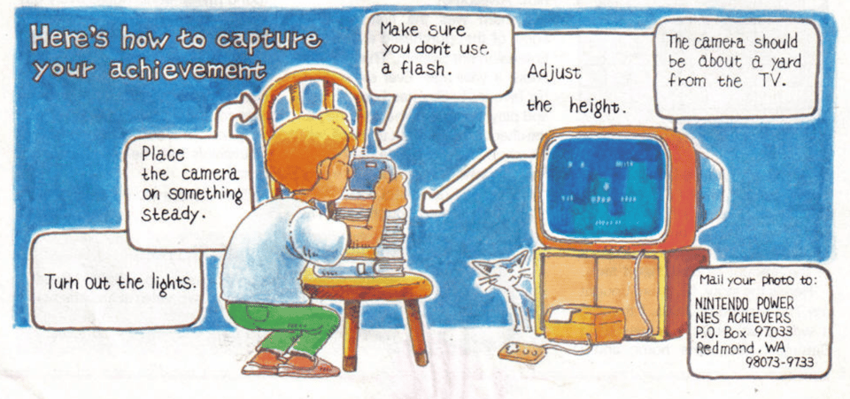 A cartoon diagram showing a young male placing a camera on top a stack of books on top a chair. The camera is pointed at a TV and there are text bubbles containing various tips for photographing TV screens.