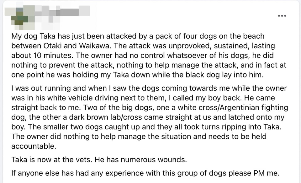 Screenshot from a Facebook post about the dog attack.
