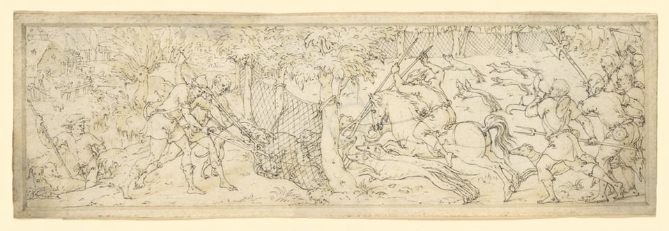 An image of men and dogs attacking wolves caught in a net in a forest scene.