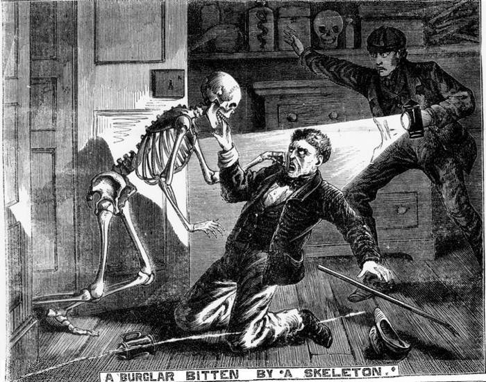 An etching of two terrified burglars, one of whom has his hand stuck in a skeleton's mouth