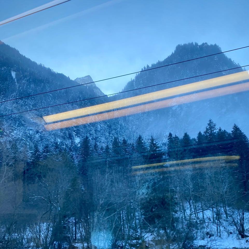 A blue photo of the Swiss mountains and woods at dawn, with some yellow light reflections