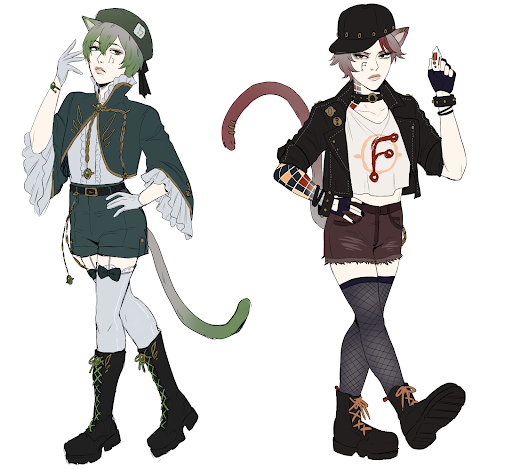 Character art for Gitea and Forgejo gijinka designs, both by Jack @brokemycrown. They are catboys whose ears stick out slightly from under their hats.  The Gitea design is turned to the left and looking towards Forgejo. He has grayish hair that fades into a green color ombre and has the Gitea logo beneath his left eye. He has the look of a longing Victorian child and wears clothes inspired by the time period, with a jacket that clasps at the neck with lots of ruffles and short shorts that help keep up a combo of stockings and combat boots.  The Forgejo design is turned towards the right and he has a pouty-angry expression. Beneath his right eye is the Forgejo icon. He has a very punk look, with a sleeve of color block tattoos going up to his neck on his right arm, a studded leather jacket, ripped shorts and fishnet stockings. His shirt has a graffiti style'd forgejo icon over an empty git commit icon. He wears a black baseball cap. His hair and tail color is a grayish-brown that turns into a reddish ombre. His tail also has three piercings.