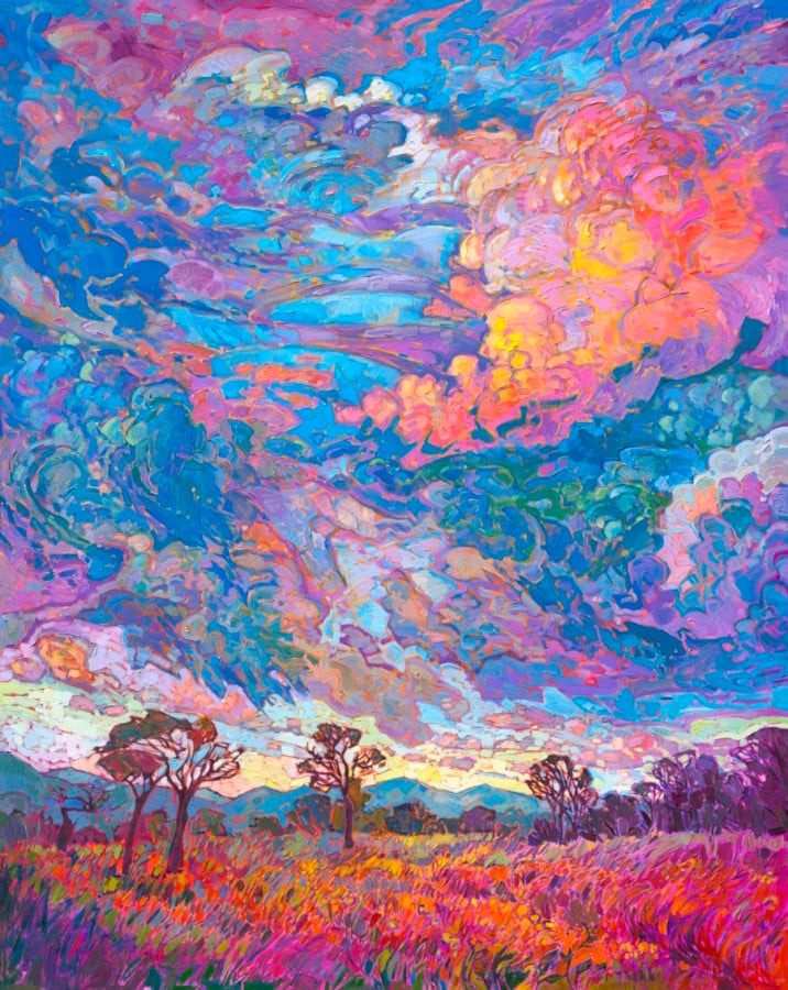 An impressionistic painting of a Texan grassland landscape with emphasis on a large, cloudy, dramatic sky at sunset.