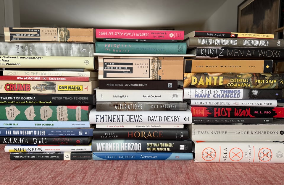 photo of three stacks of books, including some pretty hefty ones.