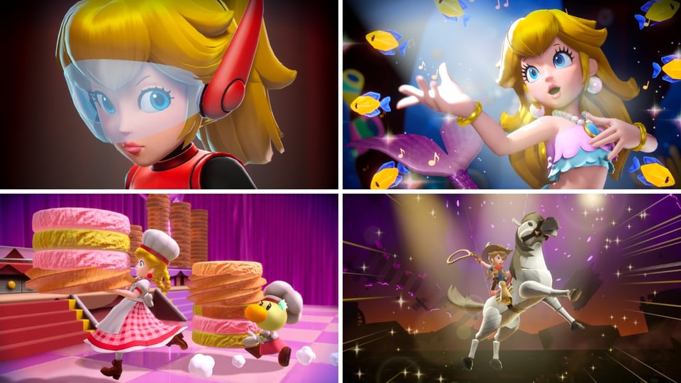 Four screenshots from Princess Peach: Showtime! show her in a red superhero helmet, a mermaid outfit, a baker's uniform, and a cowboy ensemble. In the superhero helmet, she looks at the camera; in the mermaid outfit, she sings to the fish around her; in the baker's uniform, she carries stacks of cookies with a sparkla in a matching outfit; and in the cowboy outfit, she rides a horse and swings a lasso.