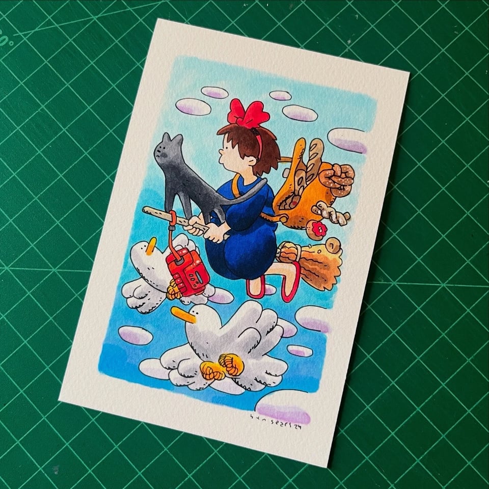 illustration of kiki and jiji from kiki's delivery service, riding a broomstick on their way to deliver some bread