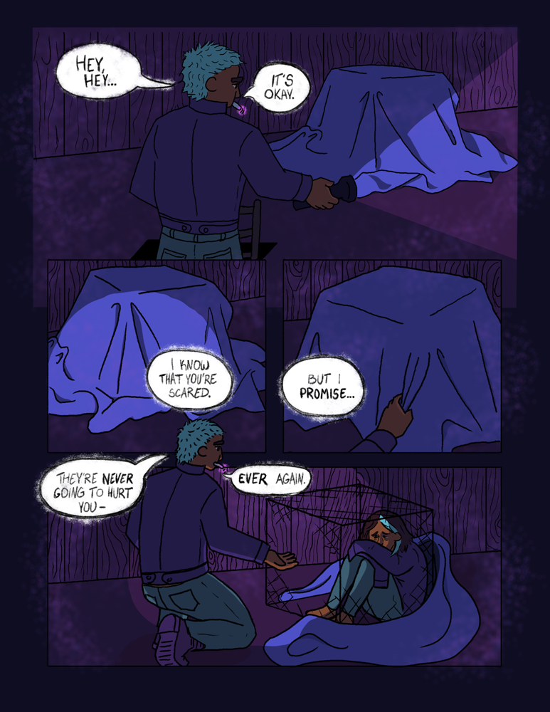 4 panels over dark purple gutters with dust layered over them. A green-haired person is climbing up into an attic, pulling off a sheet revealing a smaller, similar looking person inside of a box. Dialogue reads,