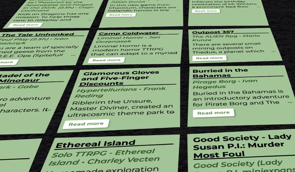 Perspective-distorted screenshot of part of the BIRCON website that shows the games on offer.