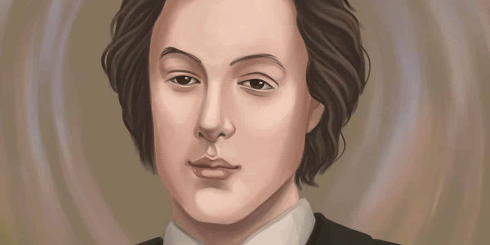 An portrait of Gerard Manley Hopkins - a pale white man from the 19th century.