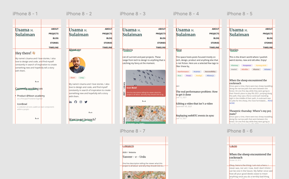 Showing multiple mobile layout screens of my personal website, on figma