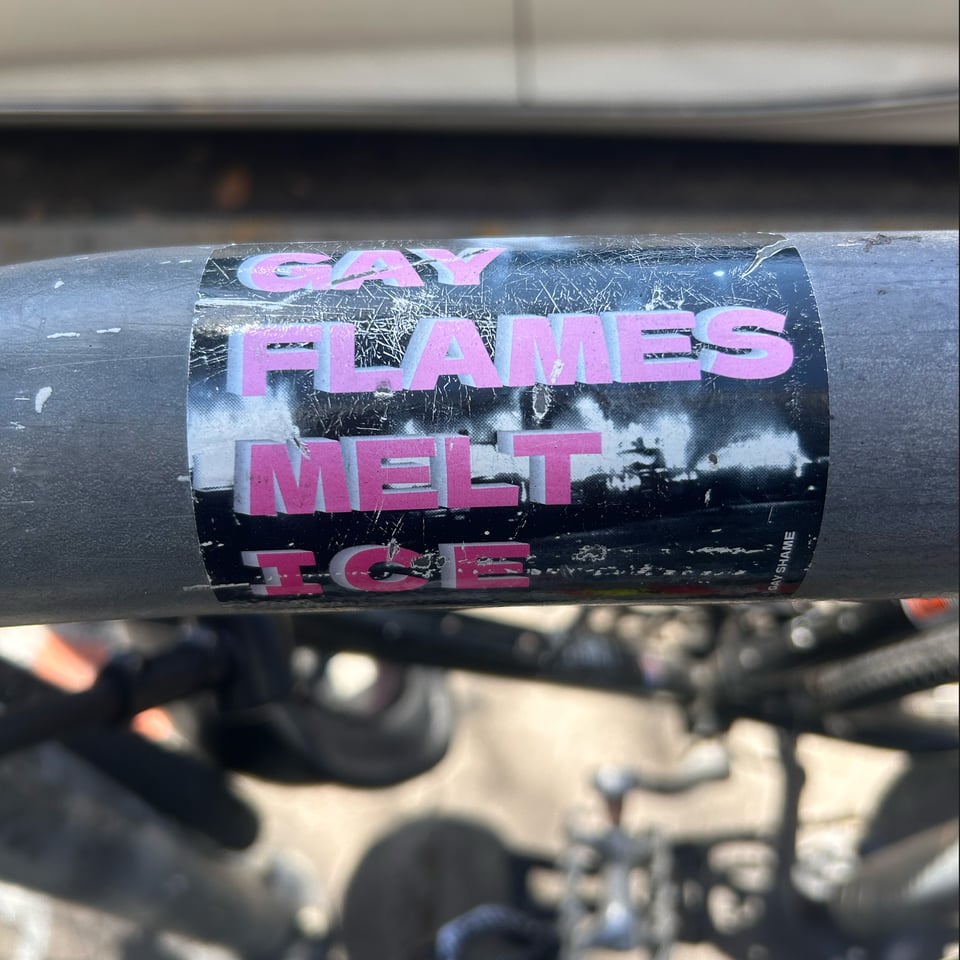 Sticker on bike rack that says GAY FLAMES MELT ICE.