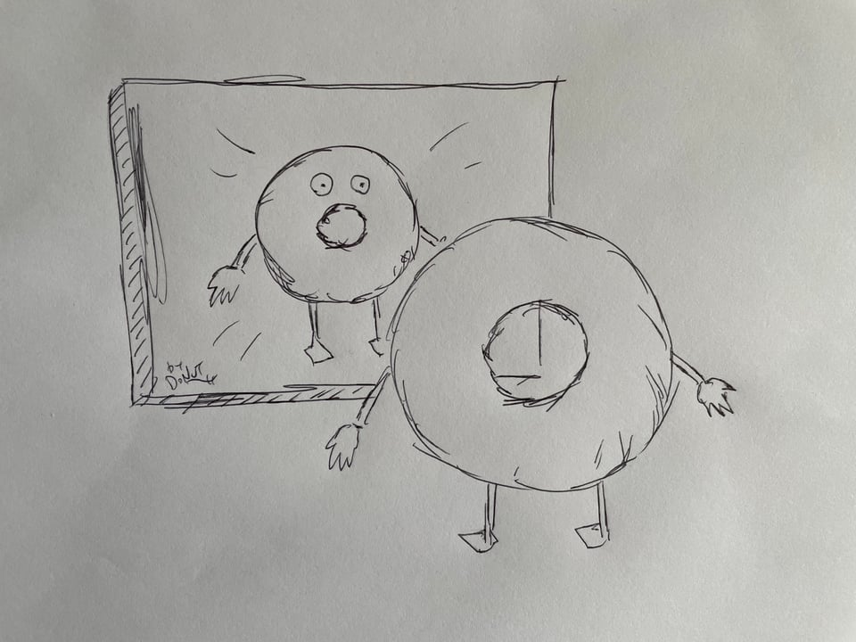 A donut stares at a self-portrait