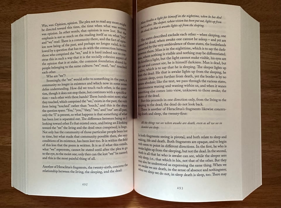 Photo of a 2-page spread of Karl Ove Knausgaard's My Struggle, Book 6