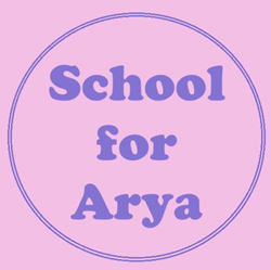 Logo in pink, with purple writing in a purple circle that says 'School for Arya' in cute, chunky text.
