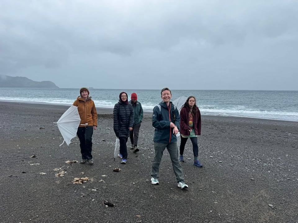 The same group of five on the dark volcanic beach again, this time facing the camera with grins, their clear umbrellas inverted and battered by the wind, headland disappearing into low cloud behind them