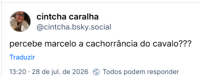 Post de cintcha caralha (@cintcha.bsky.social): percebe marcelo a cachorrância do cavalo???