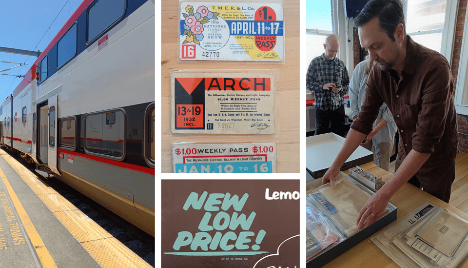 Left: Caltrain station. Center: Milwaukee weekly railway pass and The Headliners catalog. Right: Stephen Coles showing us some specimens.