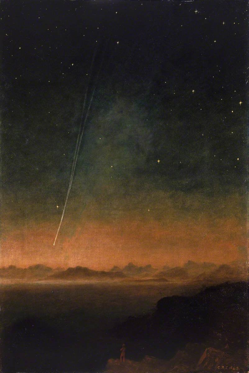 Painting. "The view in the painting is probably taken from the Observatory. It shows Table Bay with Table Mountain visible in the background on the left. A large sailing ship sits in the foreground on the right, with other shipping in the distance. Since the main purpose of the painting was to show the comet, the sky dominates the image"