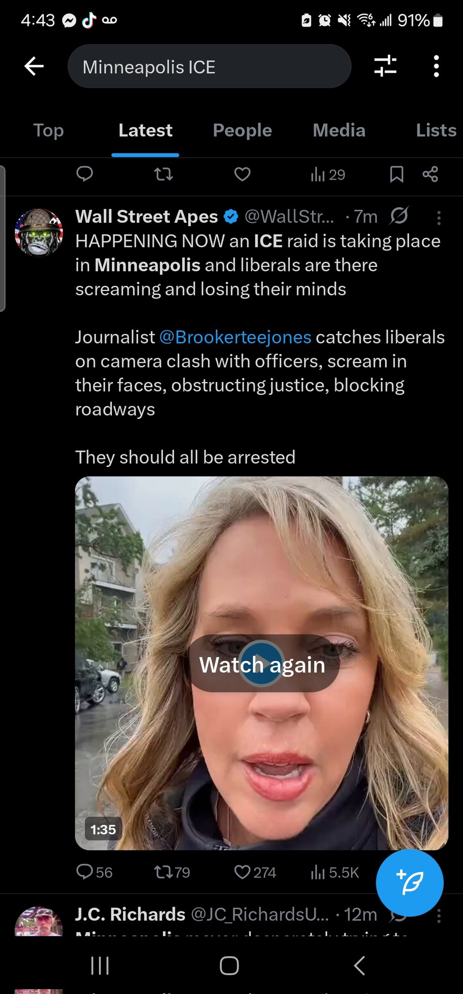 Screen shot of a retweet of content by Brooke Jones by the X account Wall Street Apes. The post reads "HAPPENING NOW an ICE raid is taking place in Minneapolis and liberals are there screaming and losing their minds Journalist @Brookerteejones catches liberals on camera clash with officers, scream in their faces, obstructing justice, blocking roadways. They should be arrested." There is also a video still that prominently features Brooke Jones's face but the words "Watch again" are partially covering her eyes and some of her face. A Minneapolis street scene is in the background.