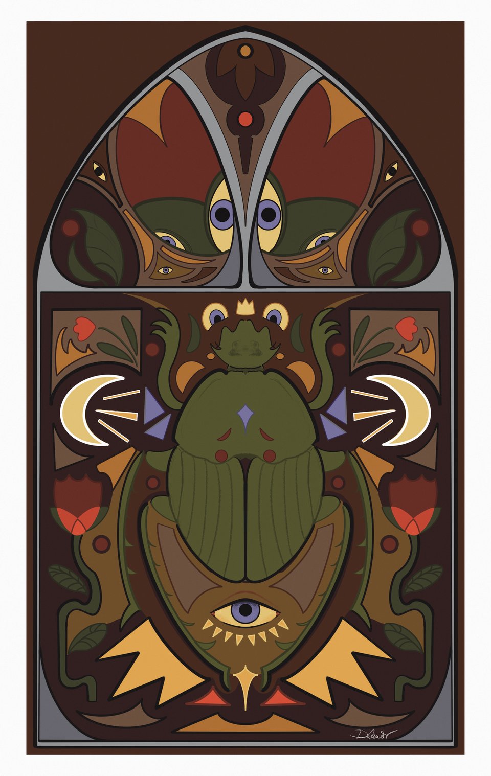Digital art showing a green beetle surrounded by stained glass like patterns. The pattern is symmetrical and shows imagery of eyes, crowns, tulips, and moons.
