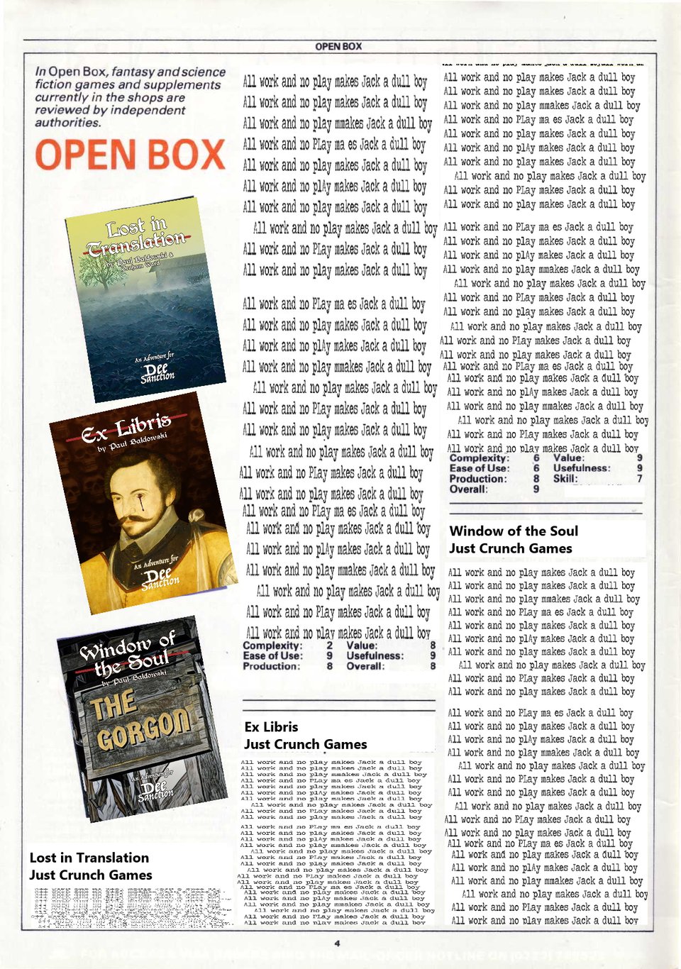 a pastiche or homage to White Dwarf's Open Box, using The Dee Sanction adventures