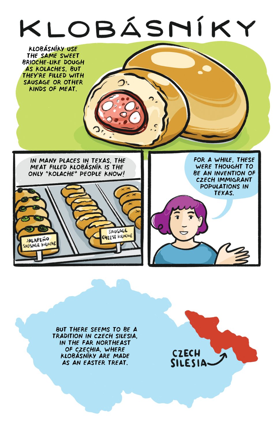 Klobasniky: Klobasniky use the samesweet brioche-like dough as kolaches, but they're filled with sausage or other meat. In many places in Texas, the meat filled klobasnik is the only "kolache" people know! For a while, these were thought to be an invention of Czech immigrants in Texas. But there seems to be a tradition in Czech Silesia, in the far northeast of Czechia, where klobasniky are made as an Easter treat.