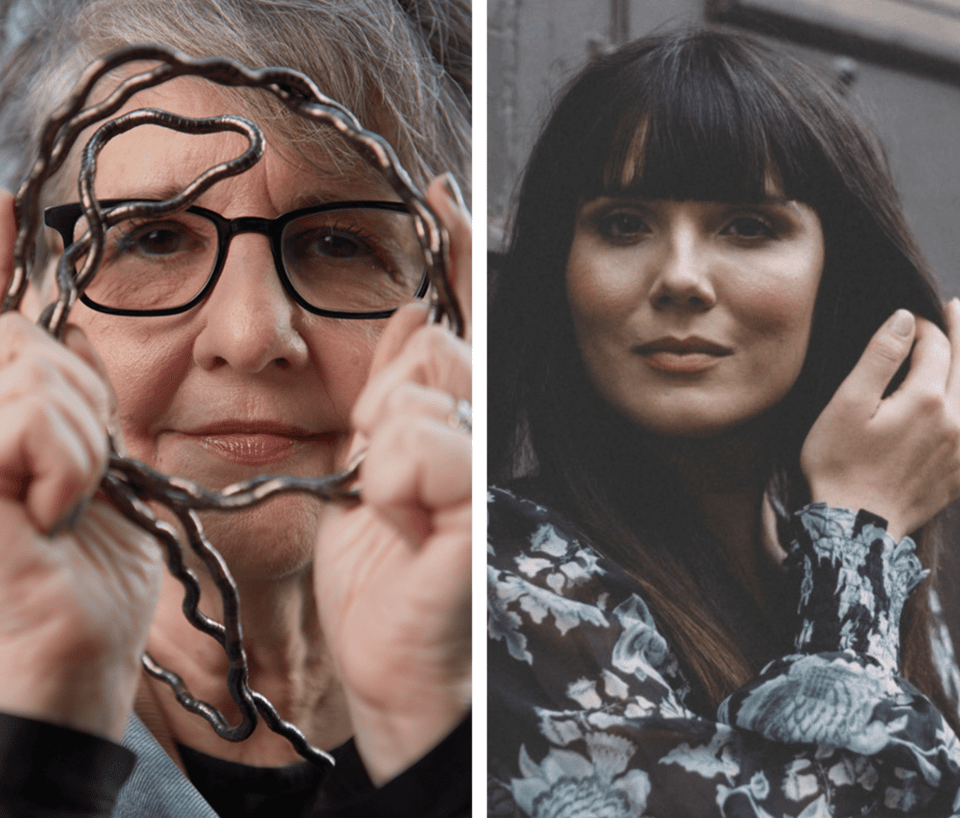 A photo collage of Binnie Klein on the left, wearing glasses and holding a piece of bent metal. On the right, Tartie, a dark-haired woman in soft focus.